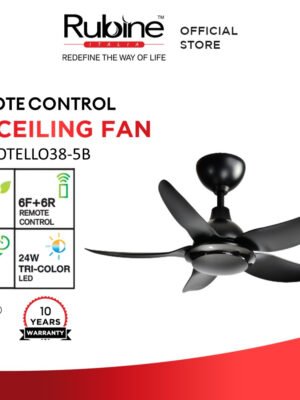 Rubine ROTELLO Series Remote Control DC Ceiling Fan / 38 Inch / 5 Blades / Tri-Color 24W LED [Turbo Speed]