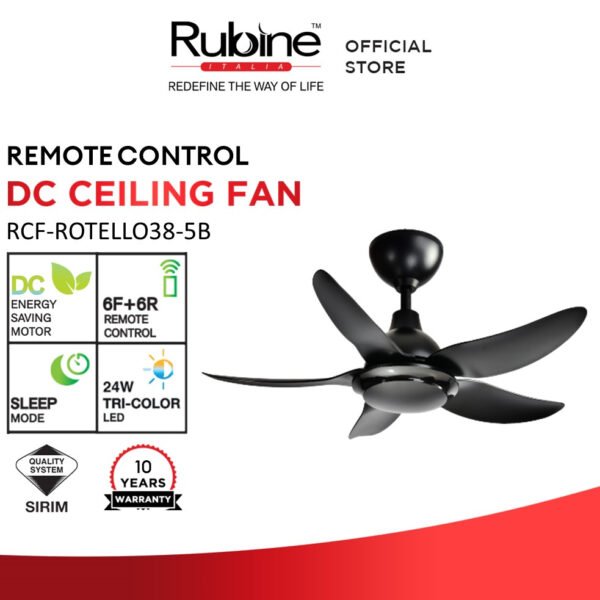 Rubine ROTELLO Series Remote Control DC Ceiling Fan / 38 Inch / 5 Blades / Tri-Color 24W LED [Turbo Speed]